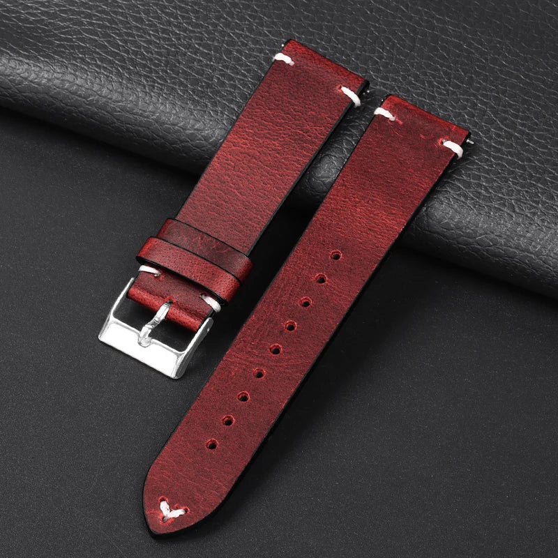 OnePlus Smartwatch Leather Band Quick Release Retro Oil Wax Wristband in deep red color, crafted from soft elastic material.