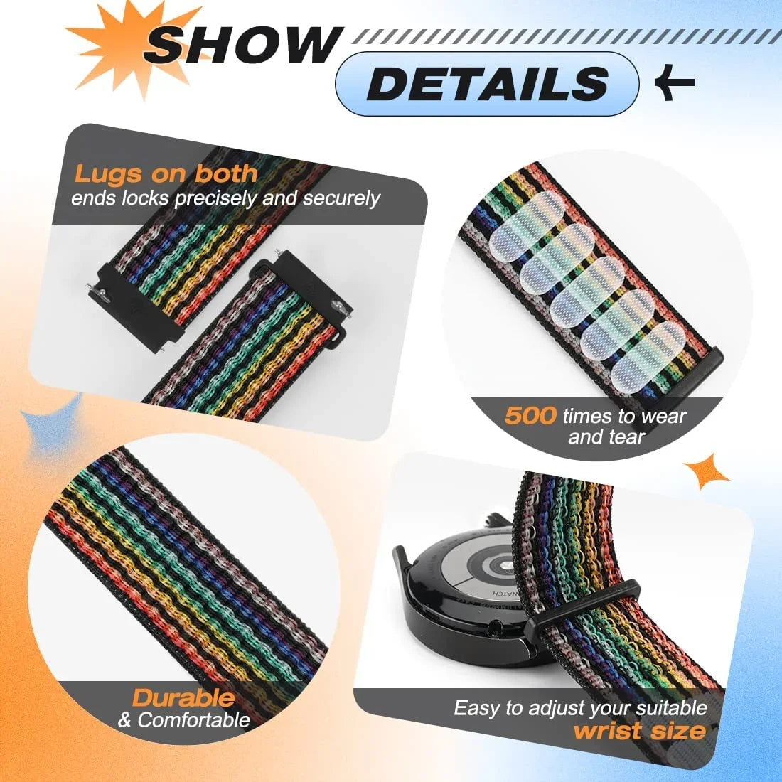 COROS Adjustable Nylon Loop Watch Band in Colors & Camo - Hook-and-loop fastening details