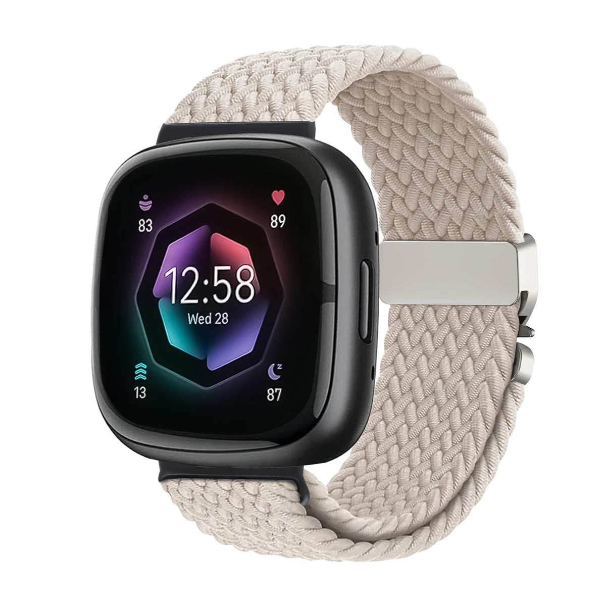Ivory Fitbit Versa 4, Versa 3, Sense 2 and Sense Braided Band, Parachute Clip