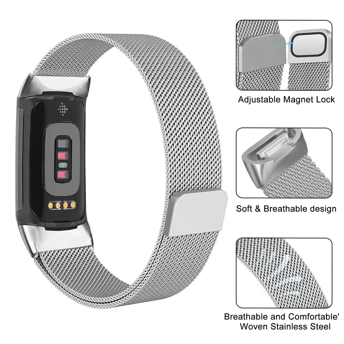 Fitbit Charge 5 & 6 Magnetic Milanese Mesh Band magnetic tab, loop and mesh details