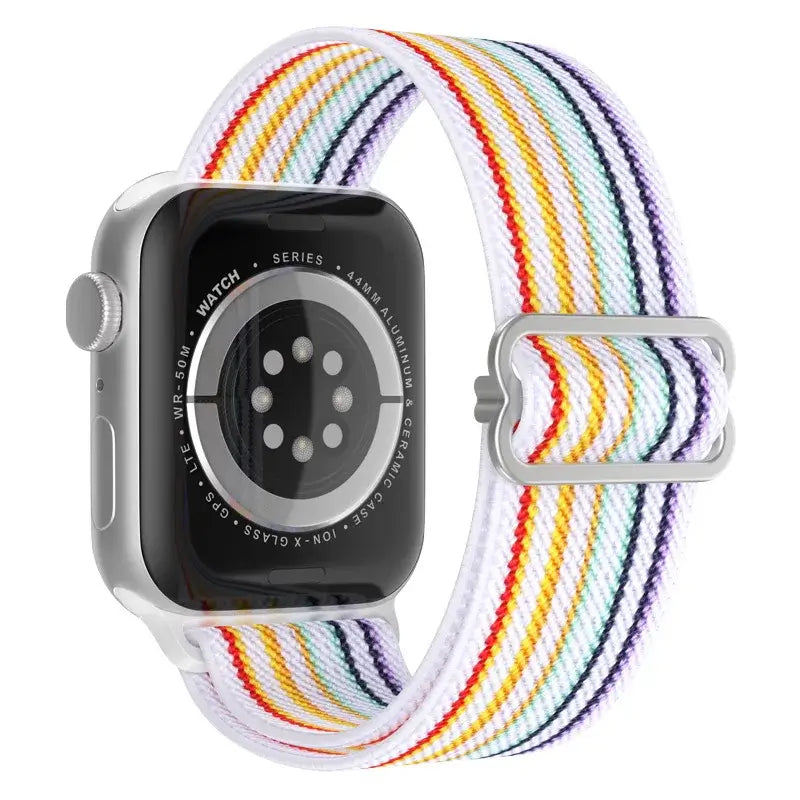 White nylon Apple Watch band with rainbow stripes
