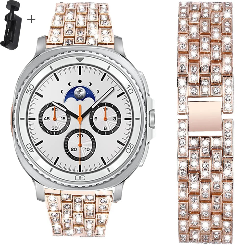 Samsung Galaxy Diamond Stainless Watch Band - Watch8/Watch8 Classic/Watch9 in rose gold with luxurious diamond grid design
