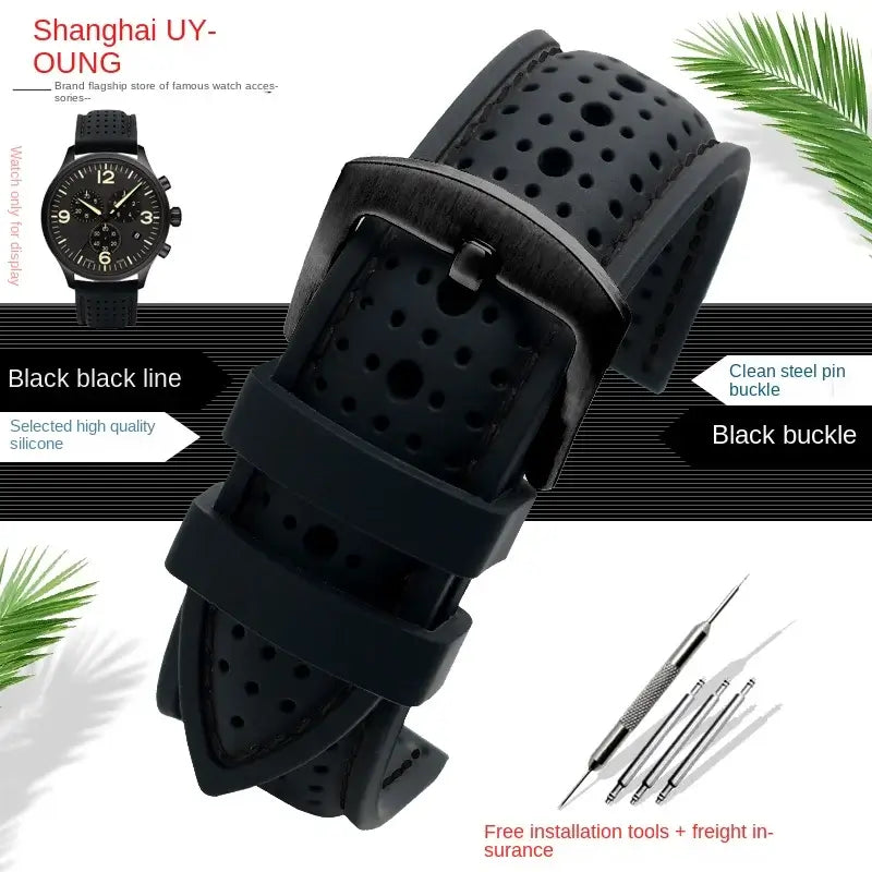 TicWatch Perforated Silicone Band with Stitching - Black / Black Stitching / Black Buckle