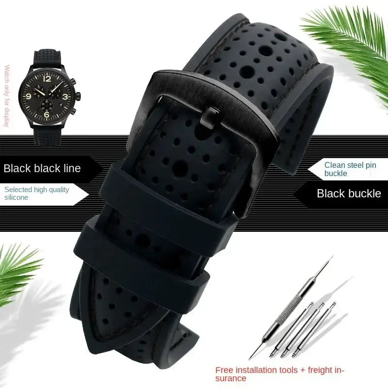 Perforated Silicone Band with Stitching in Black / Black Stitching / Black Buckle for compatible Huawei watches