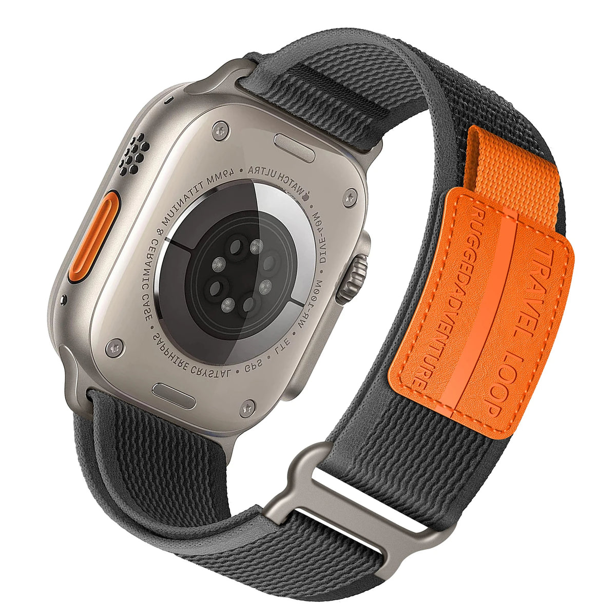 Nylon Trail-Style Apple Watch Loop with Decorative Patch in Charcoal / Orange - Embossed