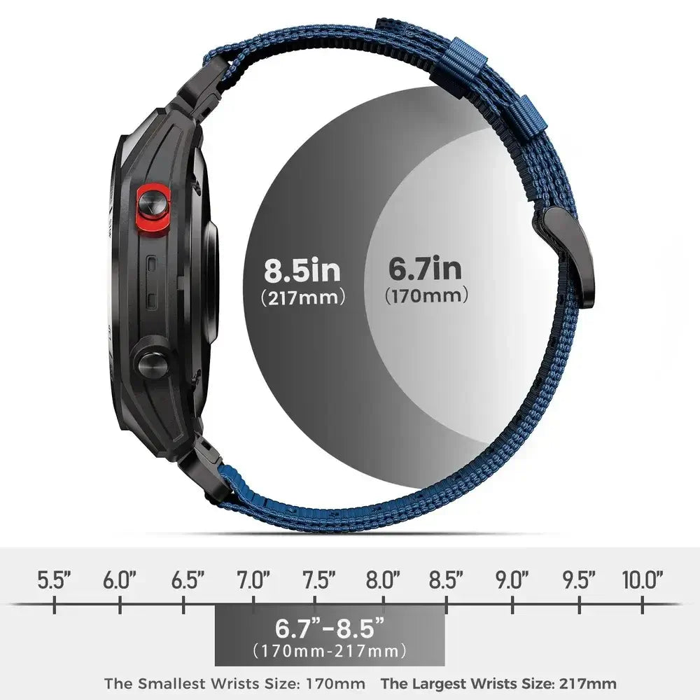 Garmin QuickFit Tactical Nylon Band side view and wrist sizing guide