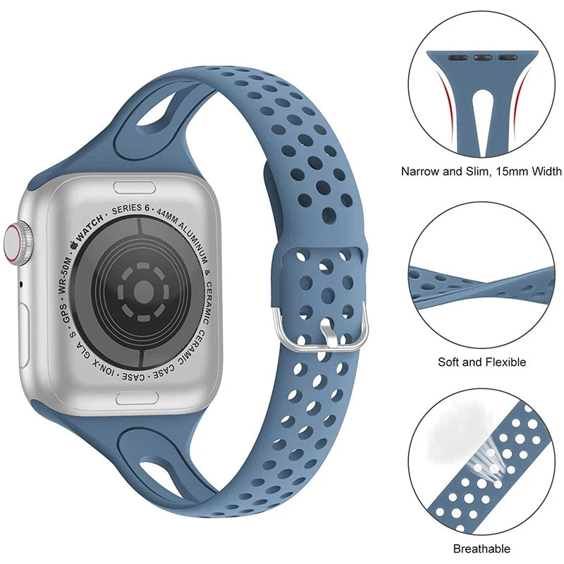 Slate blue strap with narrow profile and perforation details for Apple Watch