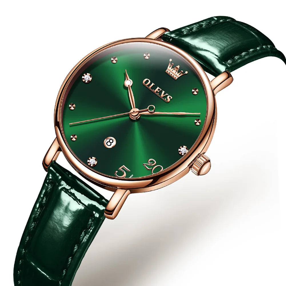 Women's Glossy Leather Date Watch — Green / Green Dial — BandsCo Straps