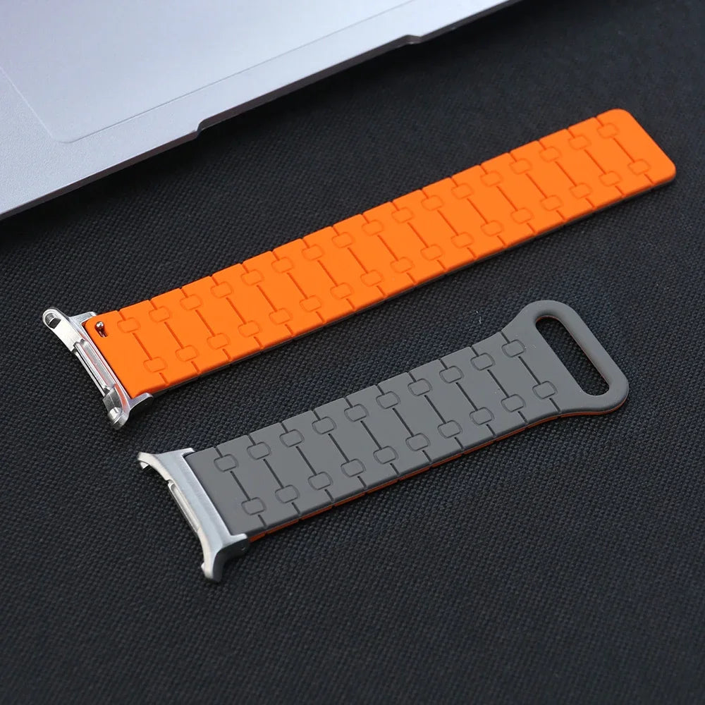 Samsung Galaxy Silicone Link Watch Band – Magnetic for Ultra/Ultra2/Watch8/Watch8 Classic/Watch9 in S-grey and orange colors.