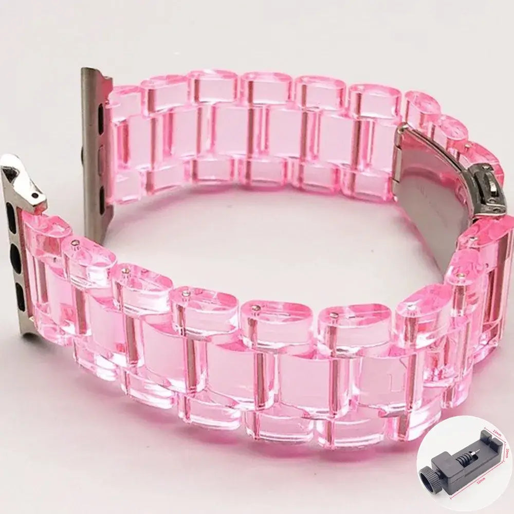 Clear Pink resin Apple Watch link band with adjustment tool