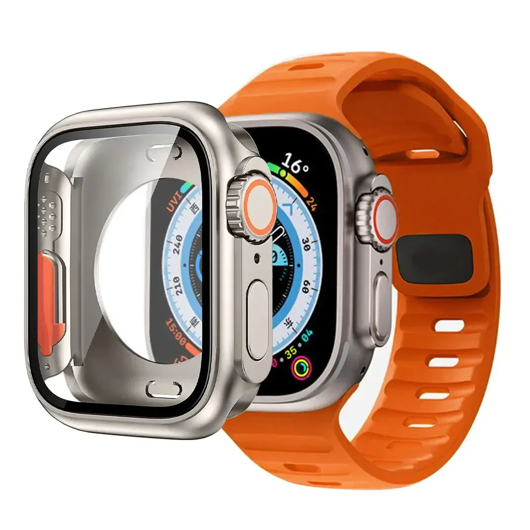 Orange slotted silicone Apple Watch band with coordinating case