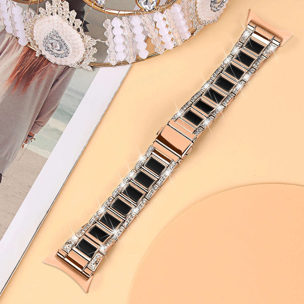 Rose Gold / Black Google Pixel Watch 5, 4 and 3 41mm Resin Inlay Link Bracelet Band