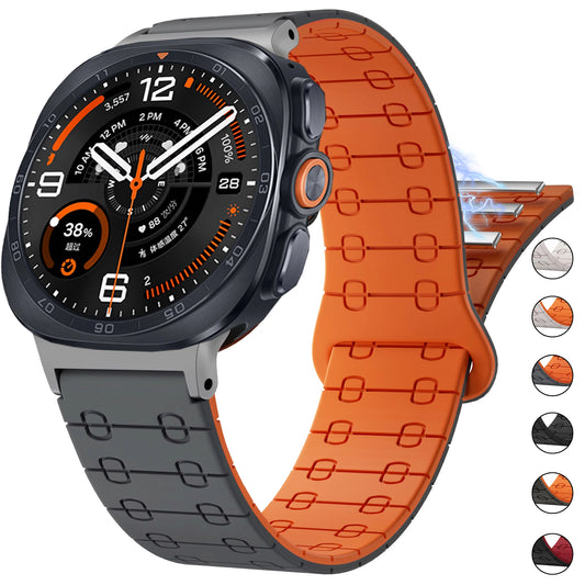 Samsung Galaxy Silicone Link Watch Band – Magnetic for Ultra/Ultra2/Watch8/Watch8 Classic/Watch9 in orange and gray design.