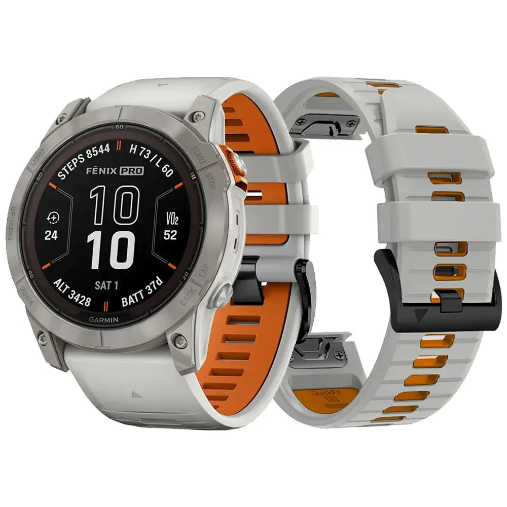 Garmin QuickFit Two-Tone Silicone Sport Band in Light Gray / Orange shown on a watch