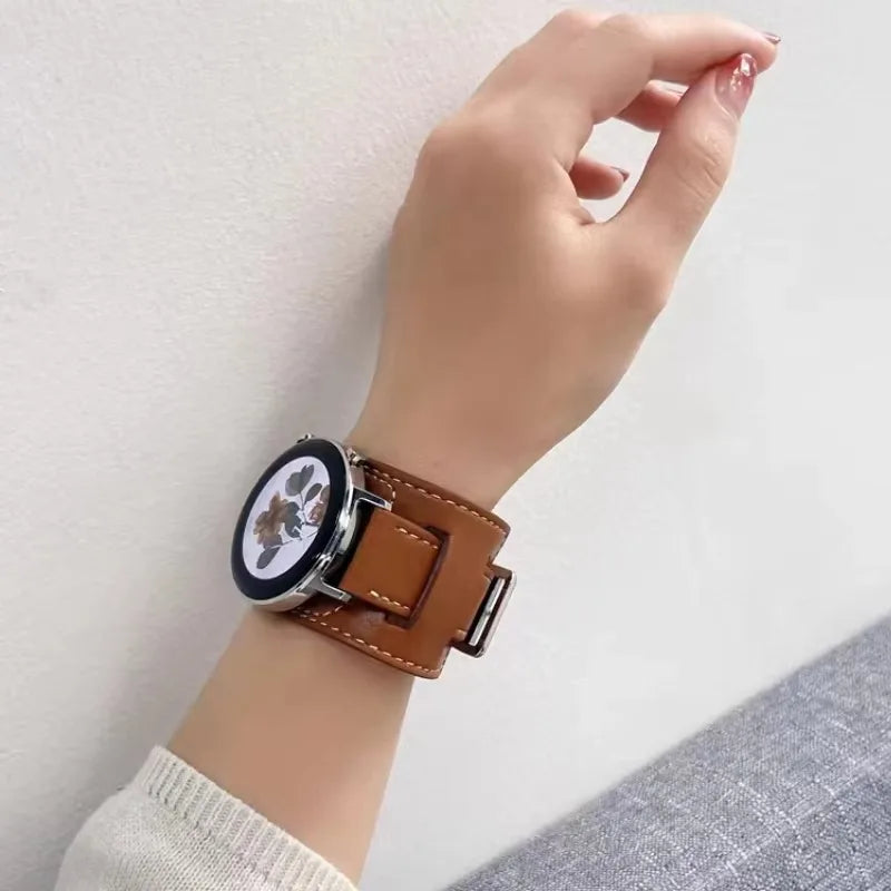 Samsung Galaxy Leather Watch Band - Watch8/Watch8 Classic/Watch9/Ultra/Ultra2 on a wrist with stylish floral watch face.