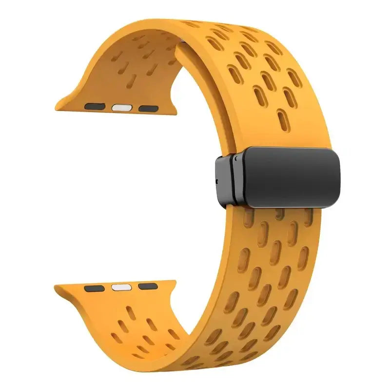 Yellow perforated silicone Apple Watch band with magnetic clasp