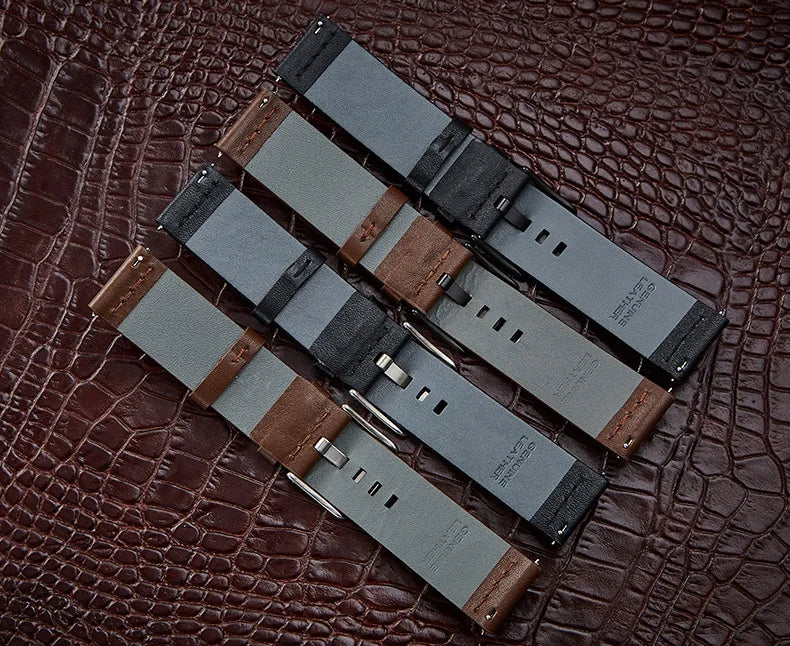 OnePlus Smartwatch Bands Leather Strap for Men Women Quick Release displayed on textured leather background.