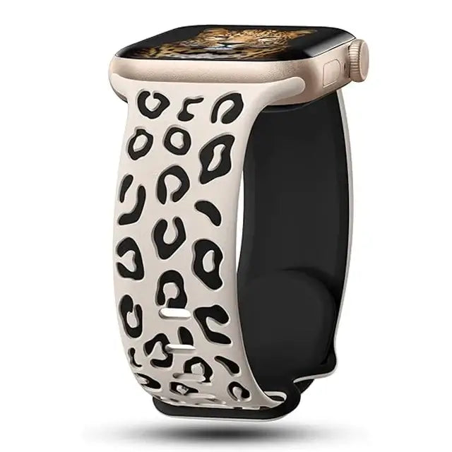 Ivory / Black leopard-pattern silicone Apple Watch band