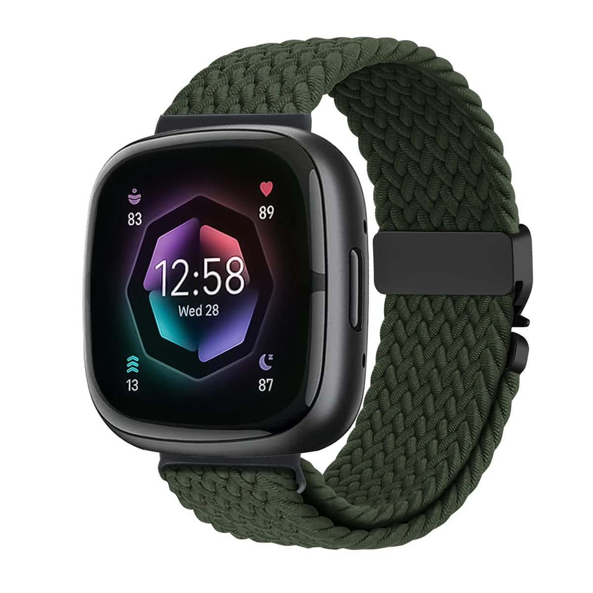 Olive Green Fitbit Versa 4, Versa 3, Sense 2 and Sense Braided Band, Parachute Clip