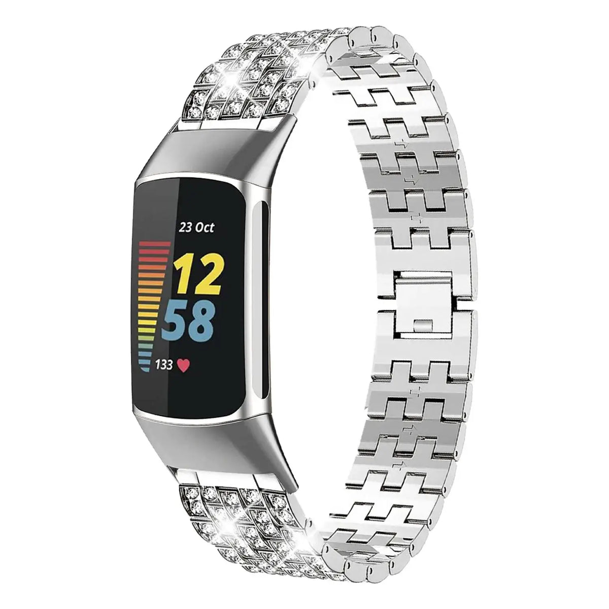 Fitbit Charge Crystal-Accent Metal Link Band silver crystal-accent band shown on a tracker