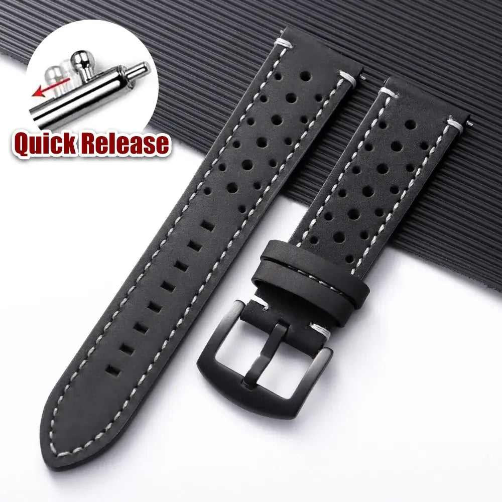Amazfit Perforated Leather Band with Stitched Edges — Black / White Stitching