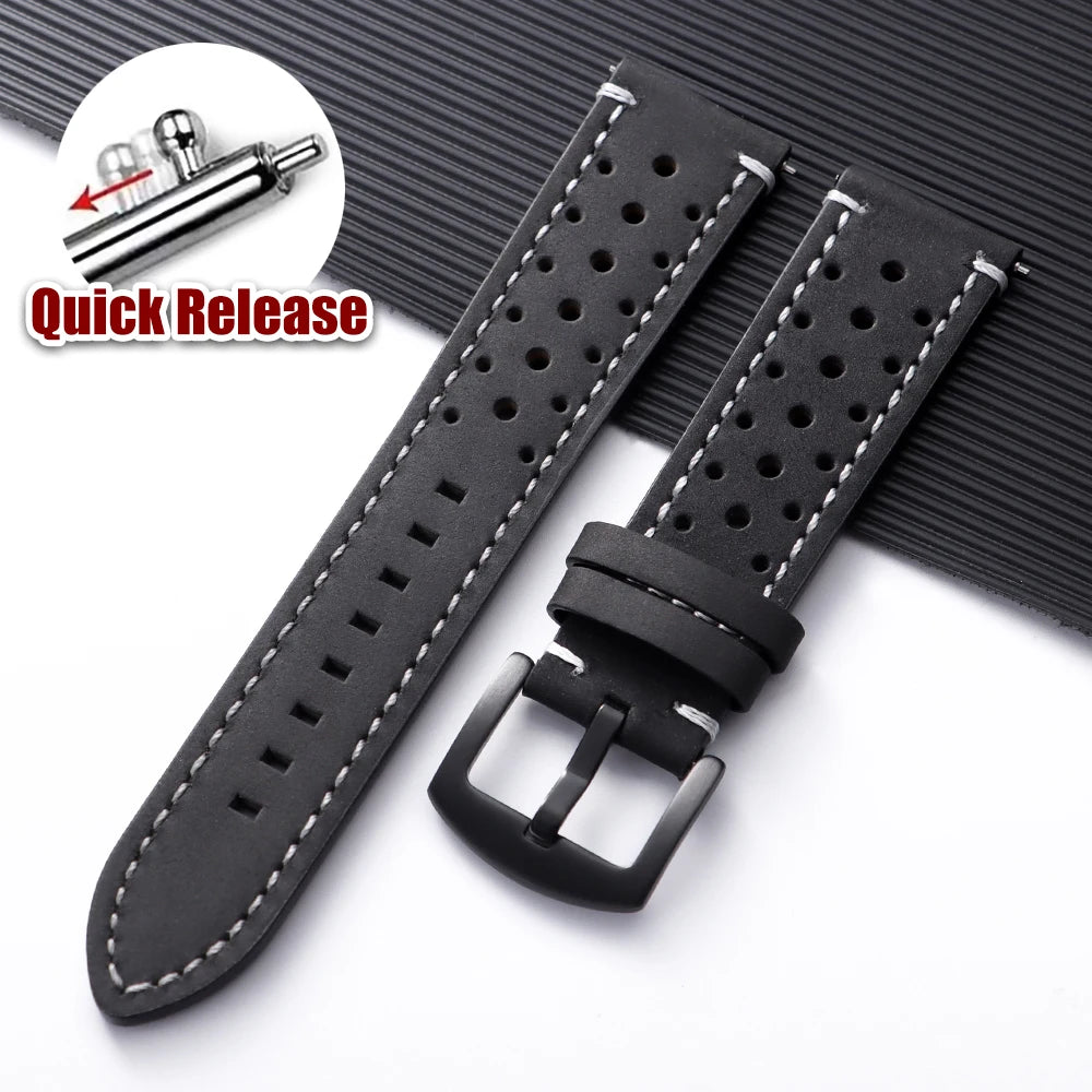 Polar Perforated Leather Band with Stitched Edges – Black / White Stitching