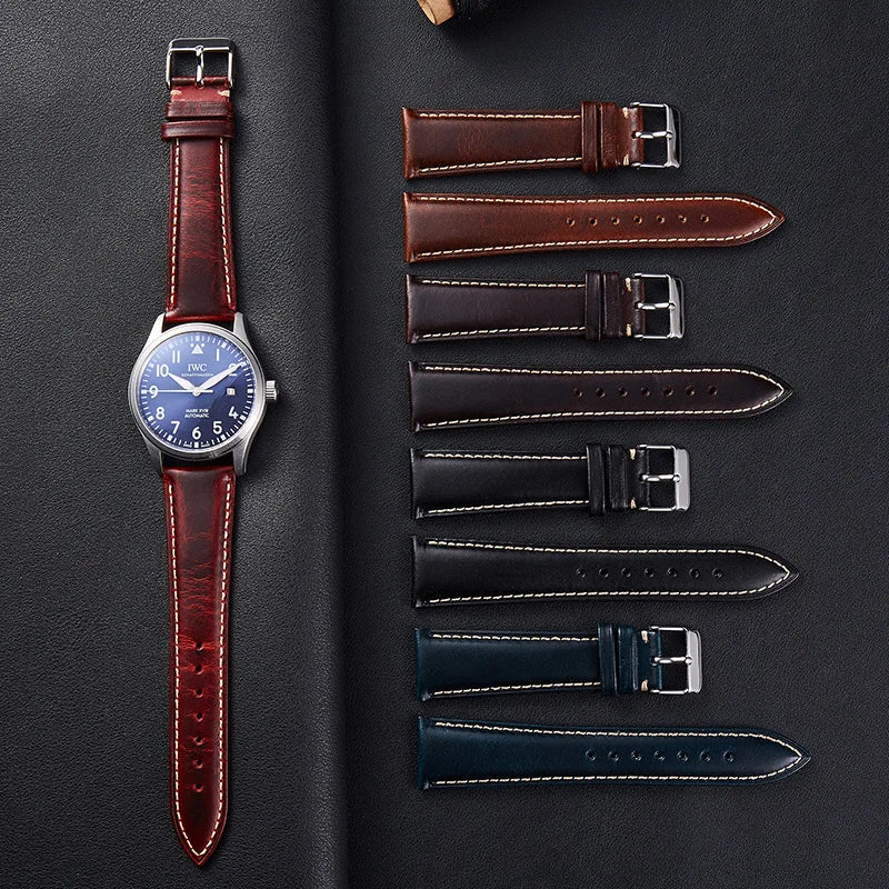 OnePlus Watch Bands, Oil Wax Leather Strap, Cowhide Replacement Band in various colors displayed with a watch.