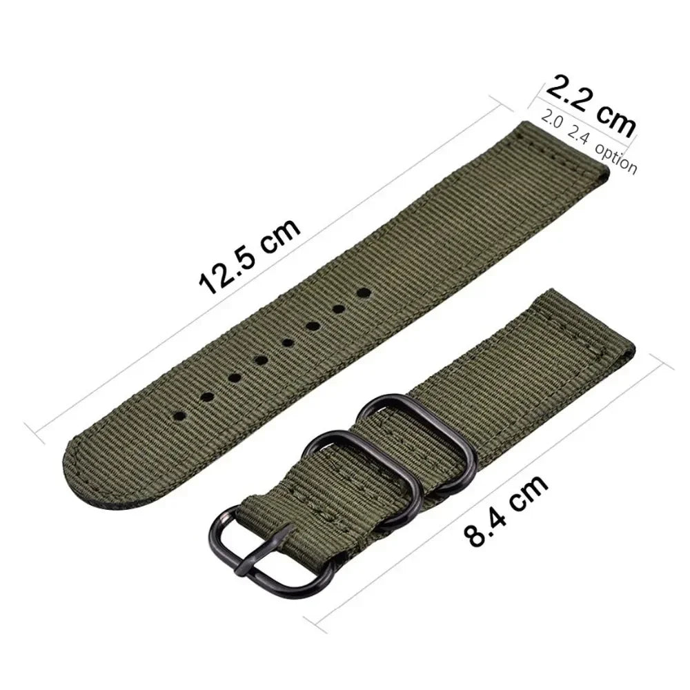 OnePlus Watch Bands Nylon Fabric Sport Strap Replacement Wristband in green with measurements 12.5 cm and 8.4 cm.