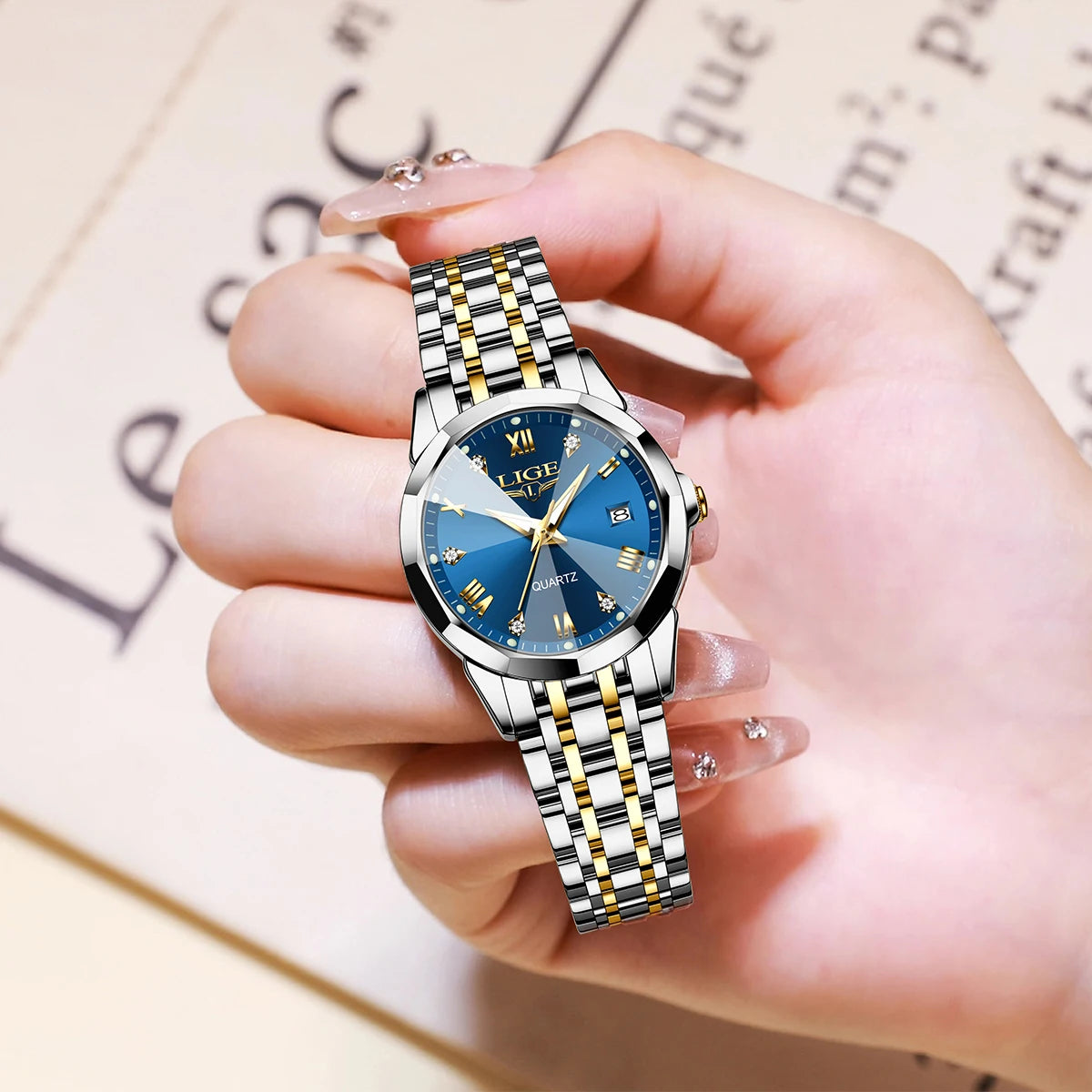 Women's 25mm Sunburst Dial Quartz Bracelet Watch — Blue dial and bracelet close-up