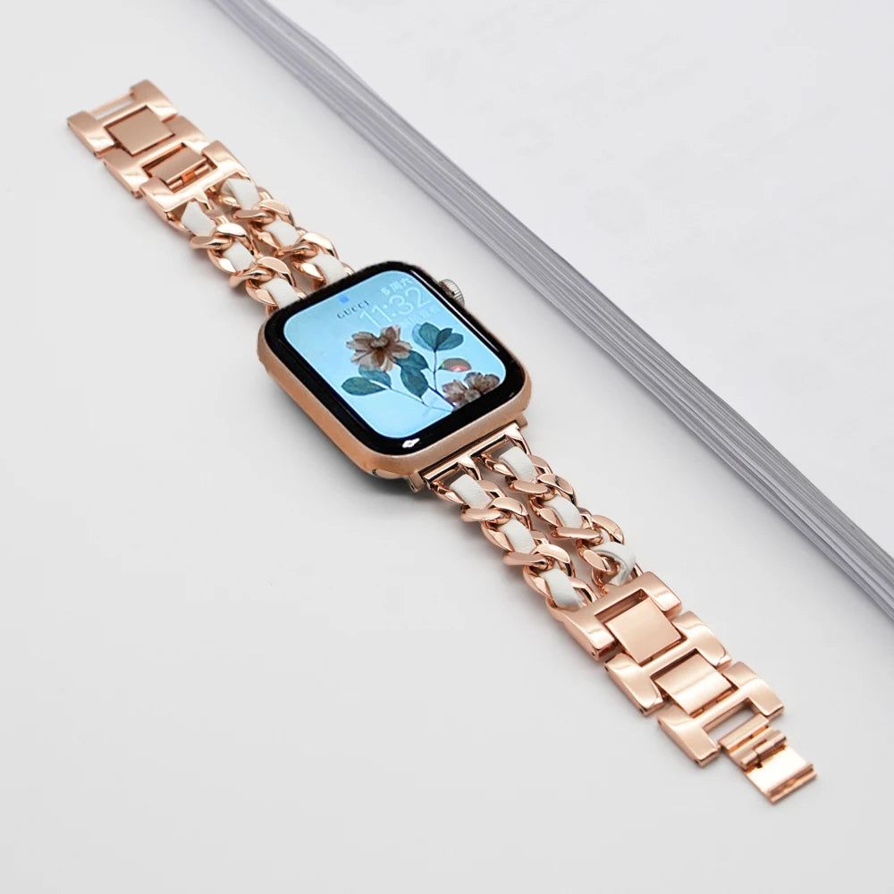 Woven-Accent Chain Apple Watch Bracelet Band in Rose Gold / White