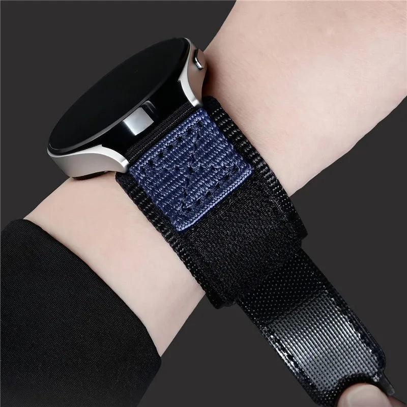 Garmin Hook-and-Loop Nylon Sport Band in navy blue on a wrist
