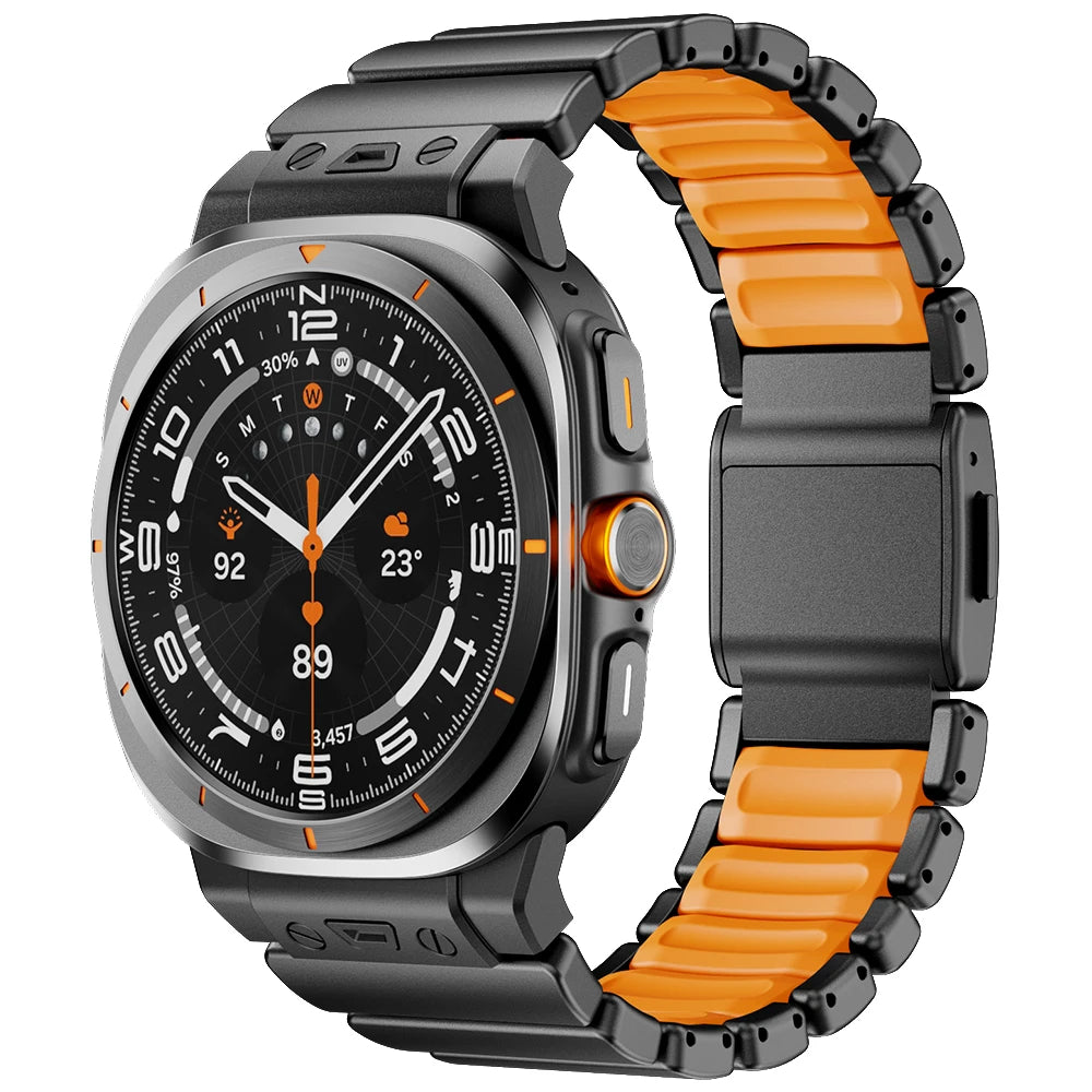 Samsung Galaxy Watch Ultra/Ultra2 Stainless Steel & Silicone Magnetic Band in black and orange, showcasing a rugged design.