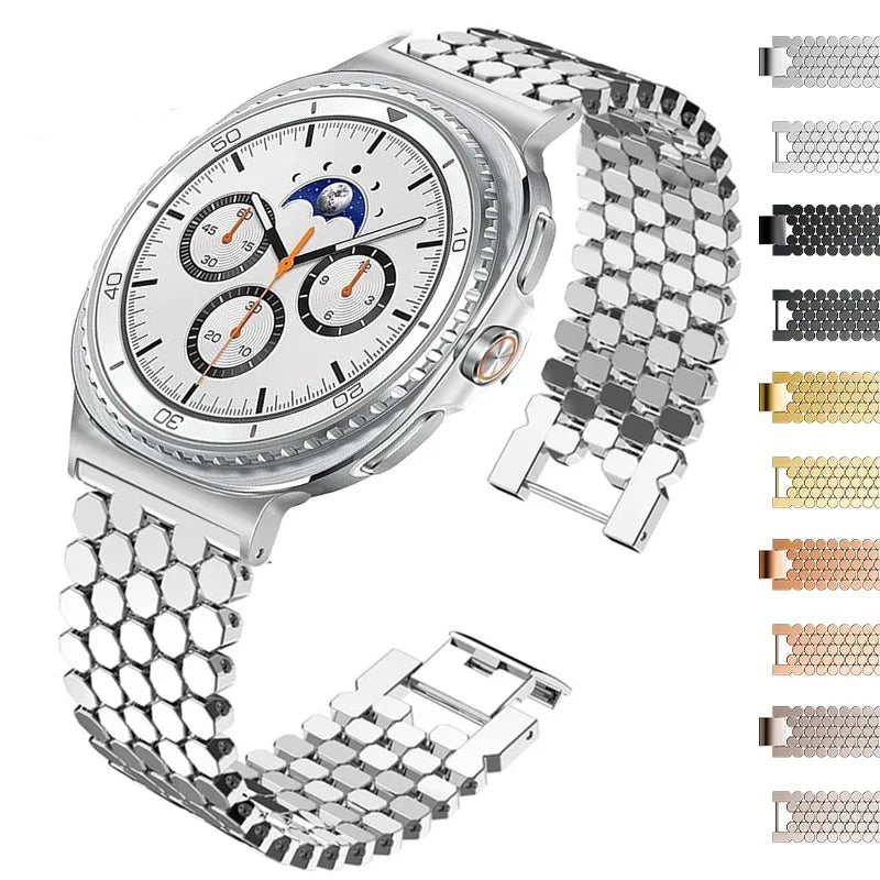 Samsung Galaxy Zinc Alloy Honeycomb Watch Band - Watch8/Watch8 Classic/Watch9/Ultra/Ultra2 in a sophisticated silver finish.