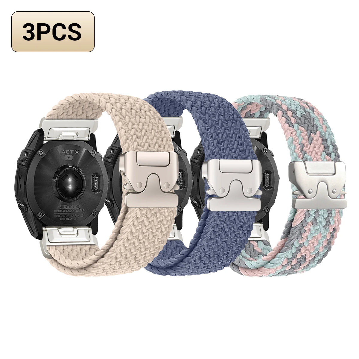 3-Pack Milk Tea, Gray Blue & Coral Pink Garmin QuickFit 20/22/26mm Braided Stretch Nylon Band