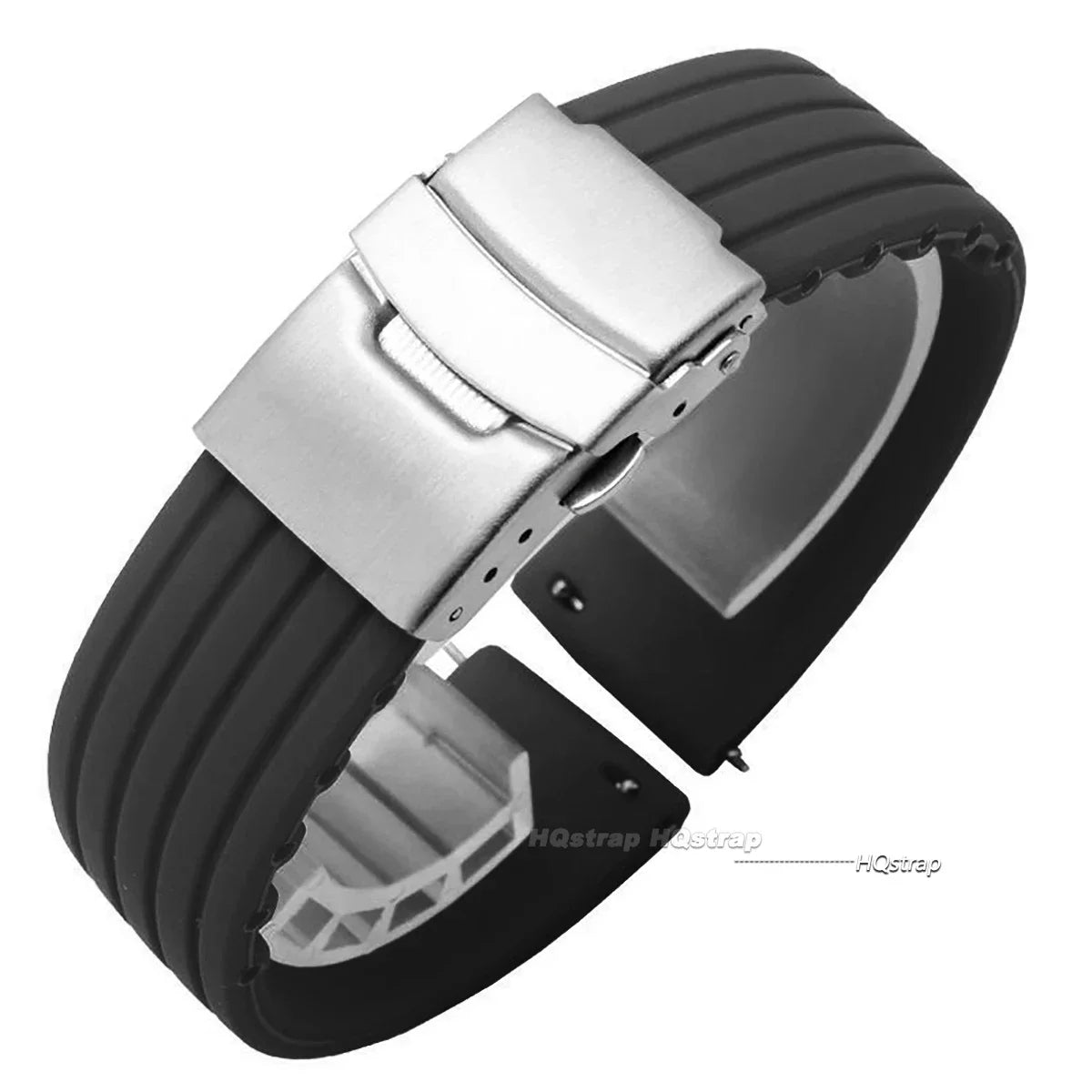 OnePlus Watch Band Silicone Rubber Strap Deployment Buckle Black Brown Green showing sleek design with silver deployment buckle.