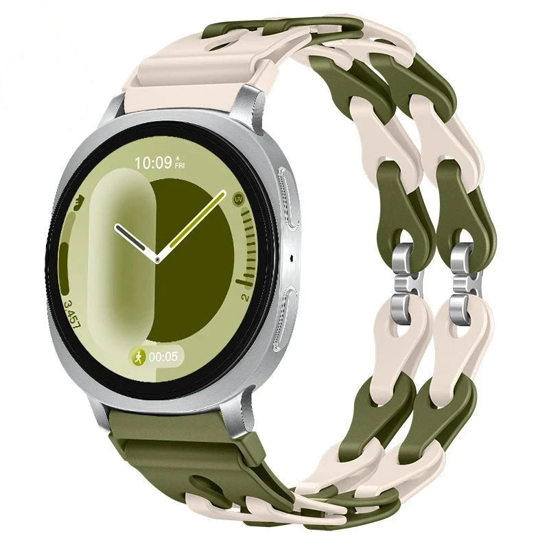 Samsung Galaxy Silicone Chain Watch Band – Watch8/Watch8 Classic/Watch9/Ultra/Ultra2 Multi in olive green star color.