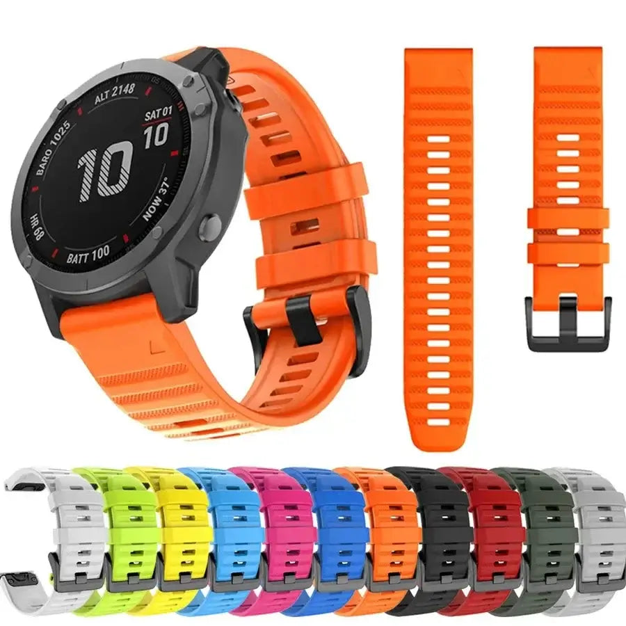 Garmin QuickFit Silicone Sport Band in Orange with strap views and color previews