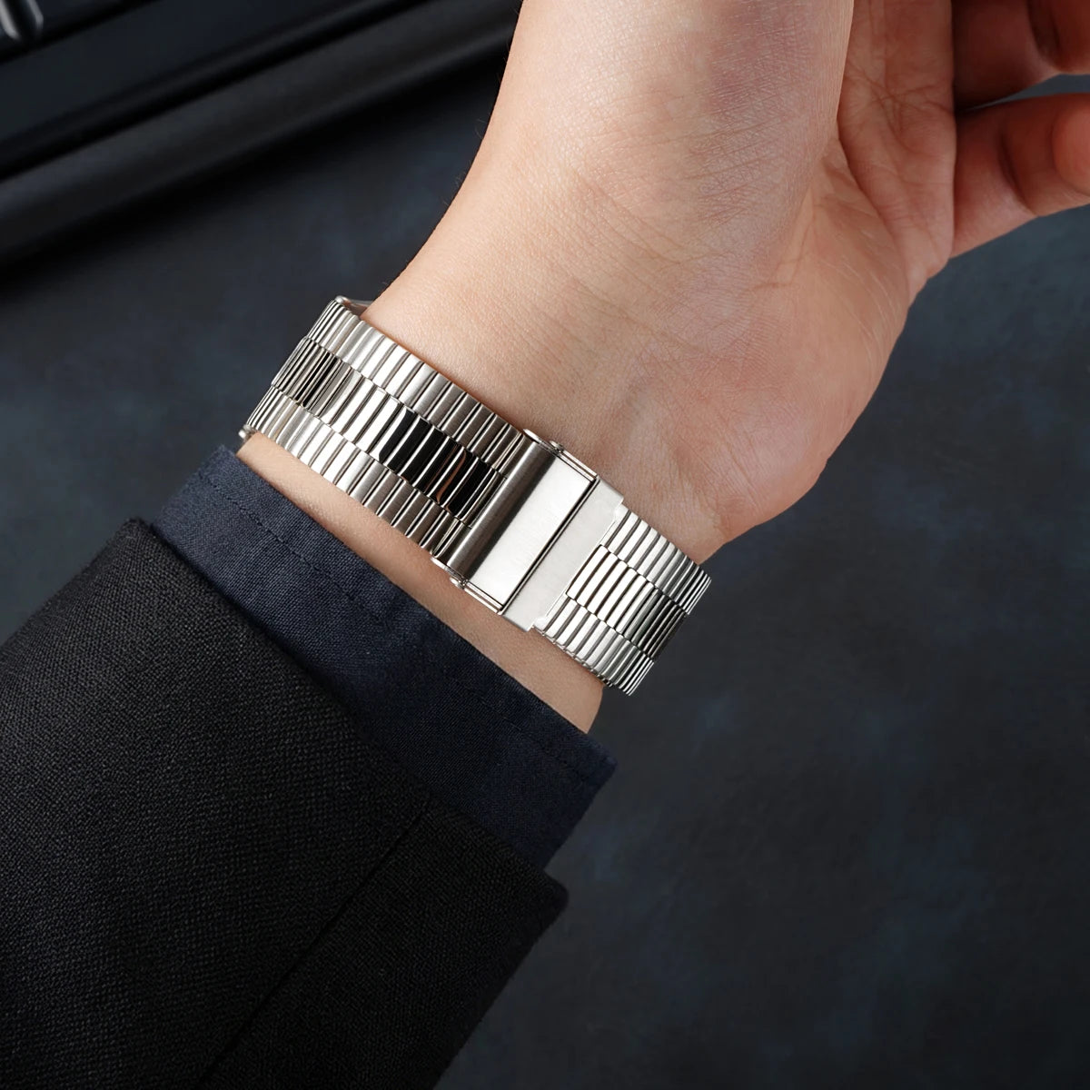 Samsung Galaxy Stainless Steel Link Watch Band - Watch8/Watch8 Classic/Watch9 Business worn on a wrist showing a polished look.