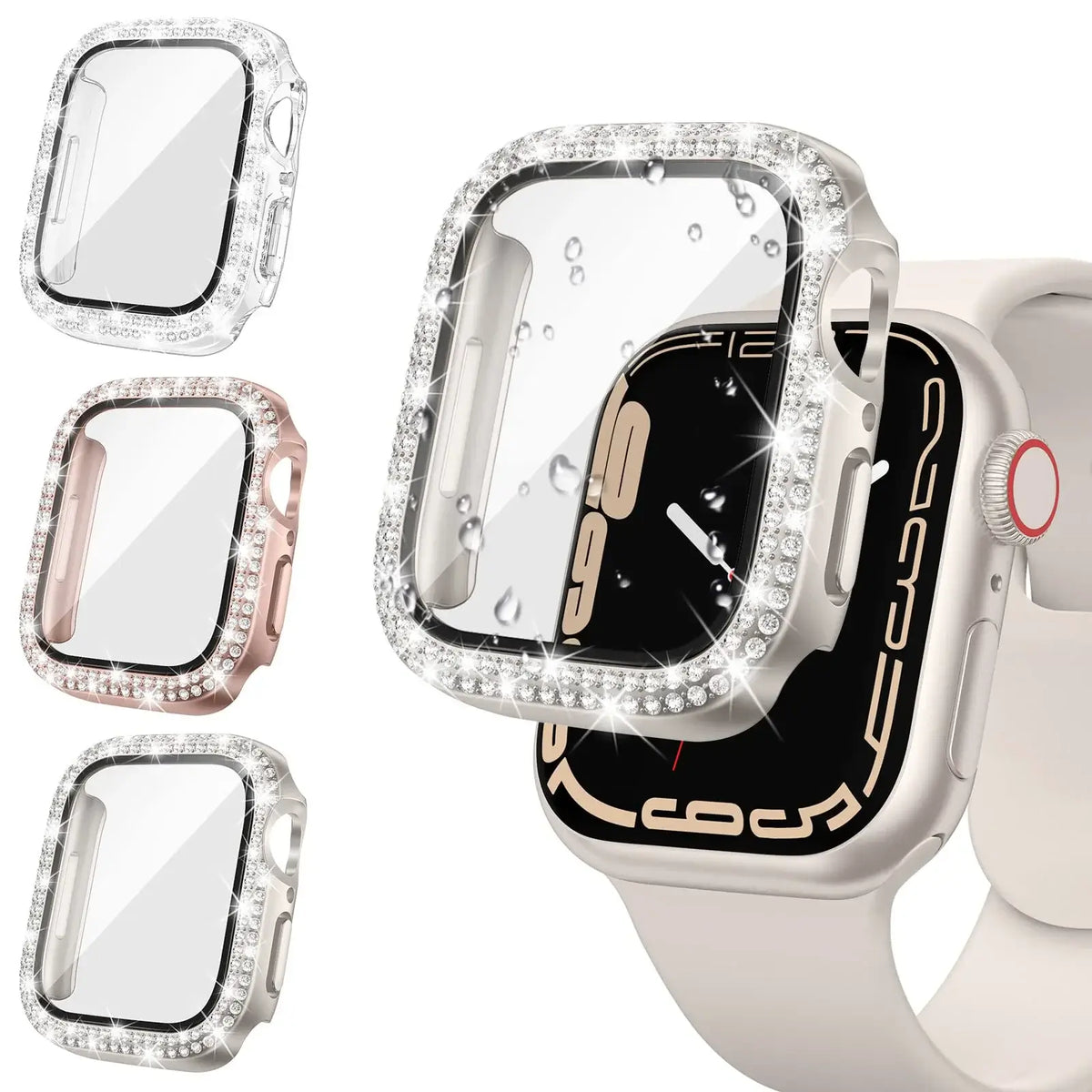 Stylish Apple Watch protective case with sparkling designs in silver, rose gold, and black for elegance and durability.
