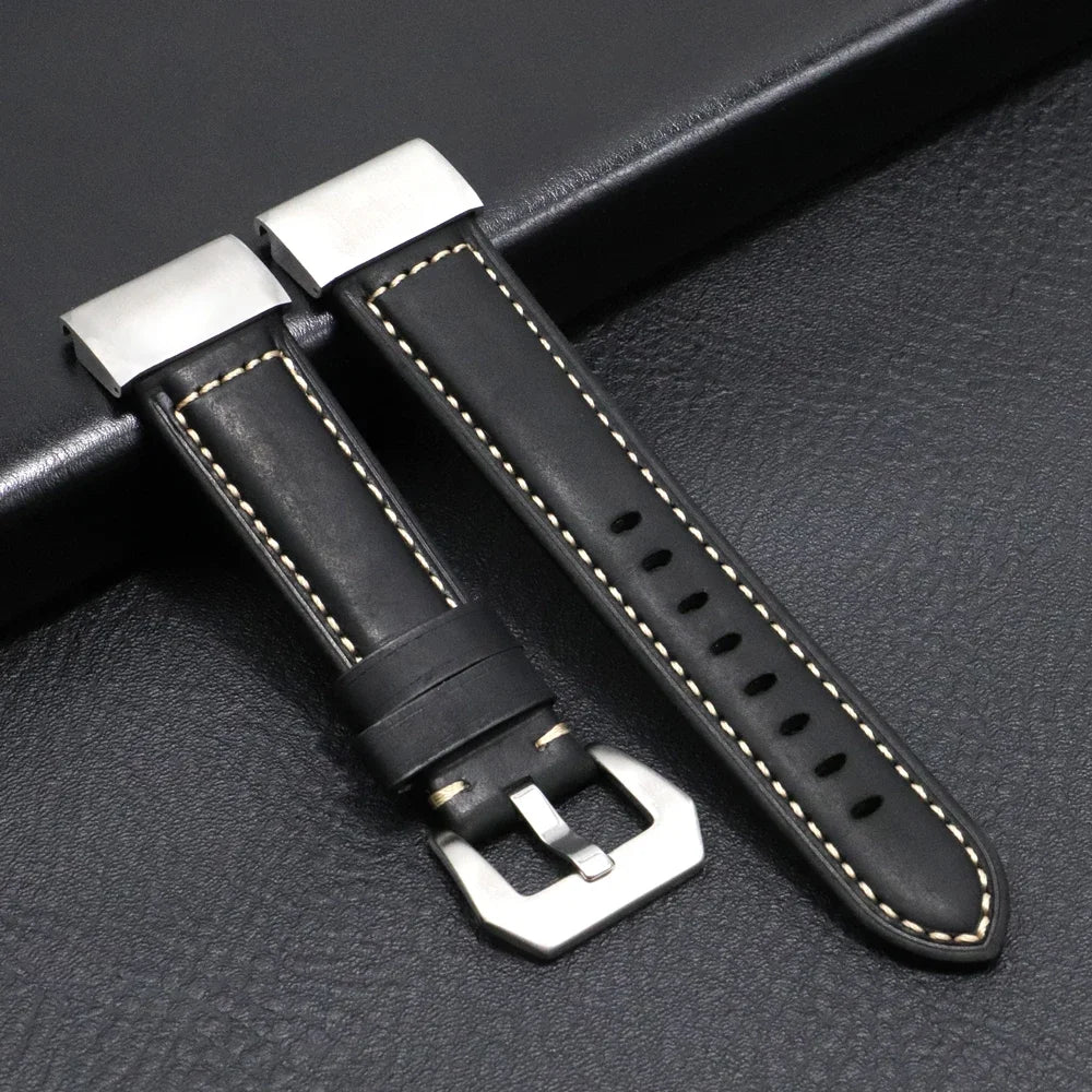 Garmin QuickFit Stitched Leather Buckle Band in Matte Black / Silver