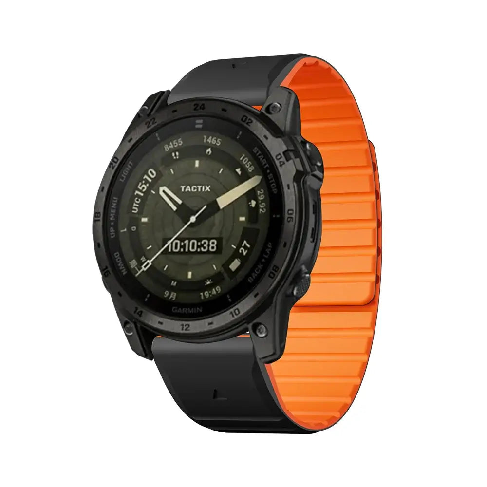 Garmin QuickFit Magnetic Silicone Wrap Band black and orange band shown on a watch