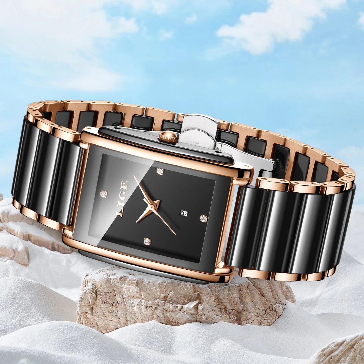 Women's Rectangular Ceramic Quartz Date Watch — Rectangular case and ceramic bracelet detail