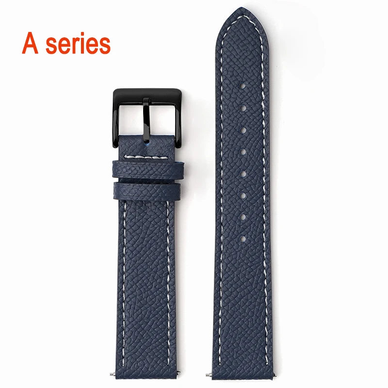 Garmin Epsom Leather Band in Navy Blue, White Stitching with Black Buckle