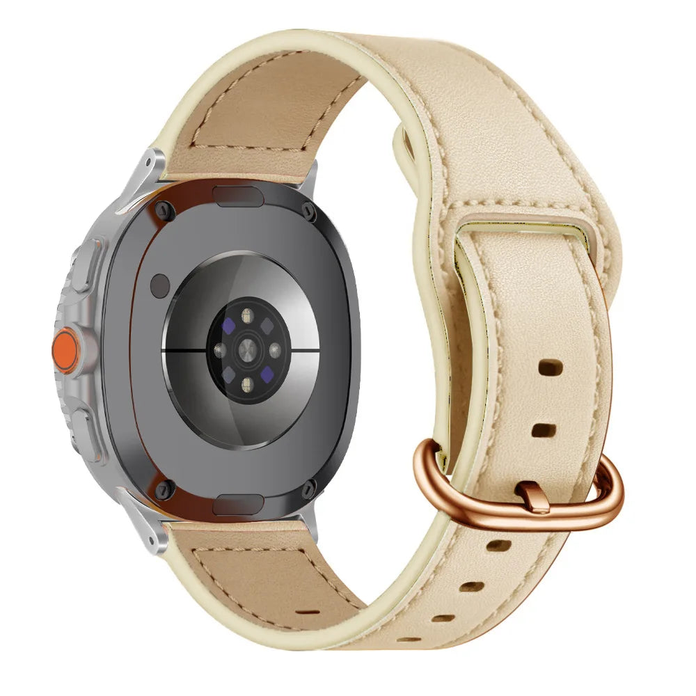 Samsung Galaxy Genuine Leather Watch Band Replacement Watch8/Watch8 Classic/Watch9 with ivory leather and polished metal buckle.