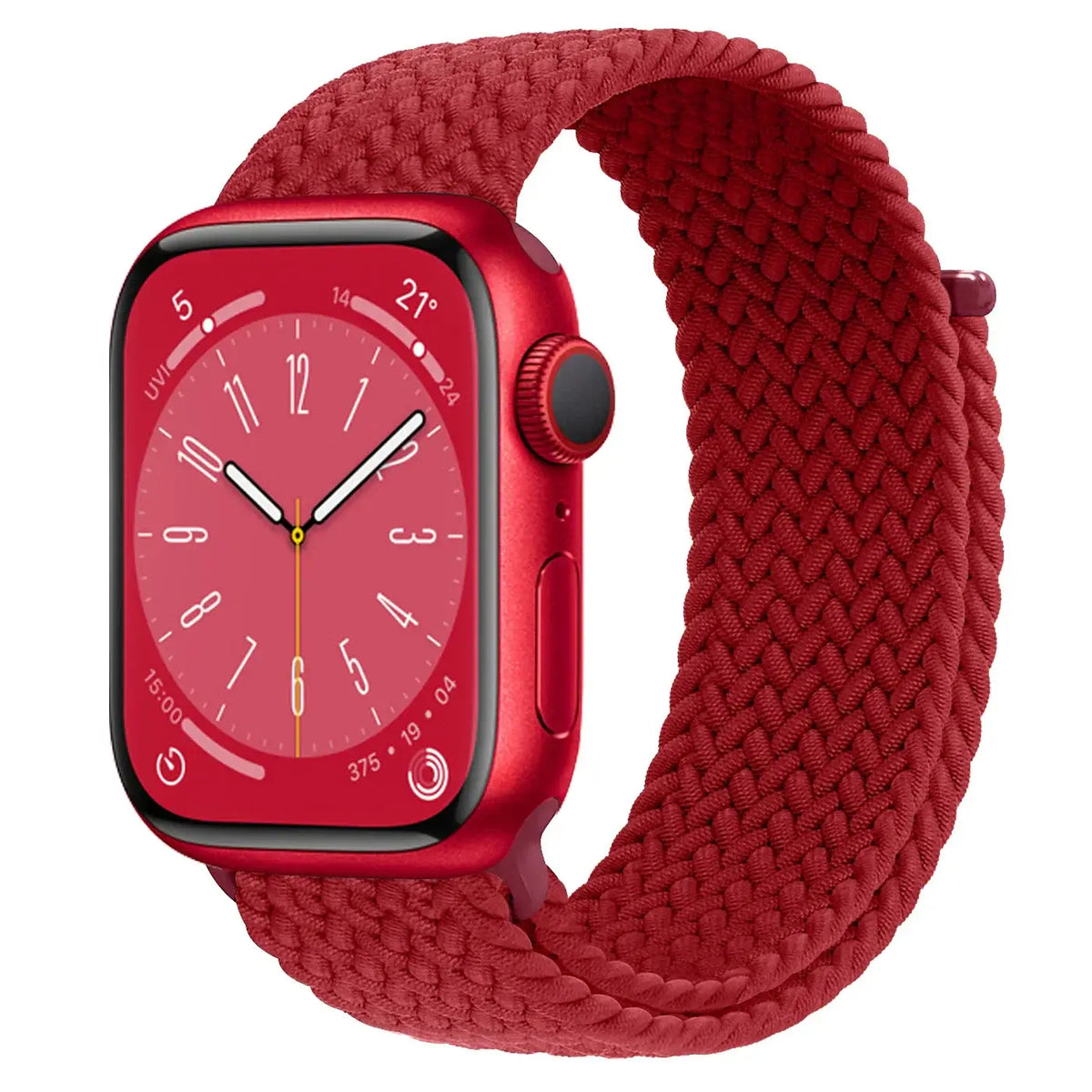 Red braided nylon Apple Watch band with hook-and-loop closure
