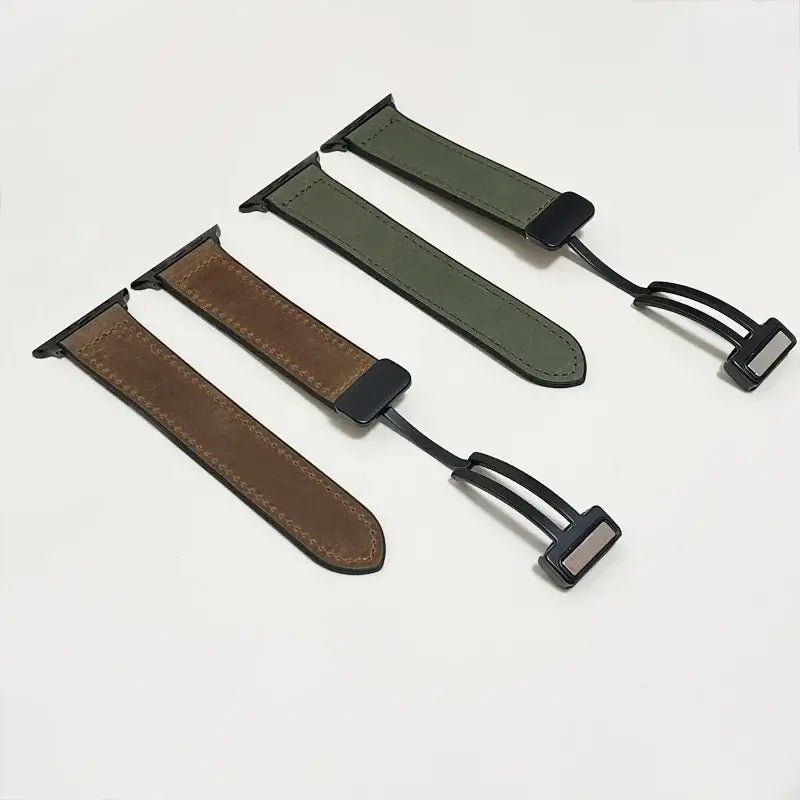 Brown and olive leather Apple Watch straps with open magnetic clasps