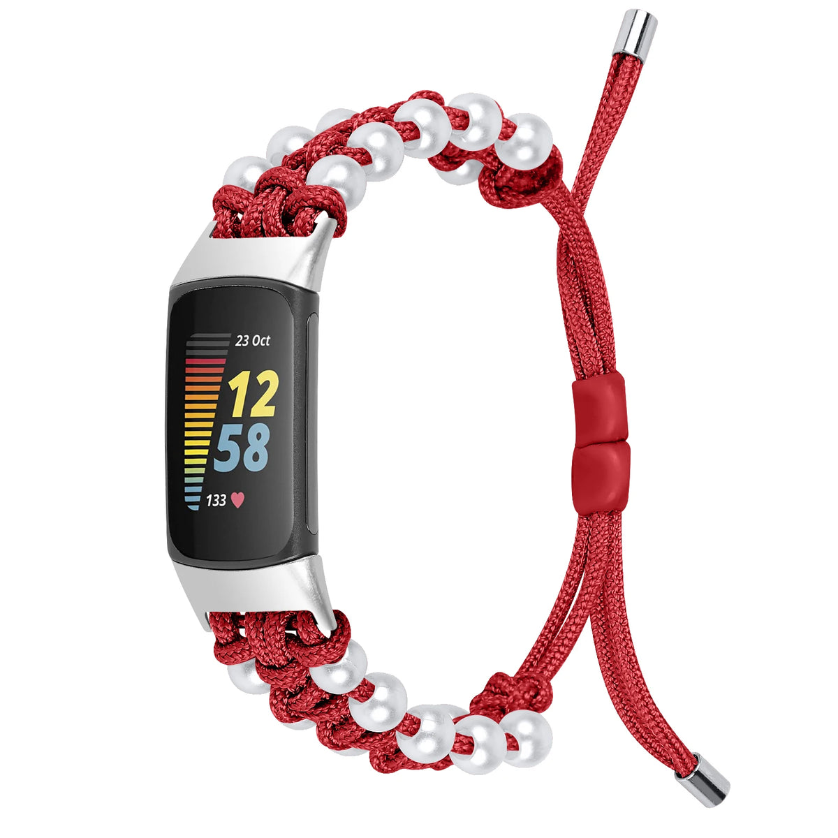 Red Fitbit Charge 6, 5, 4, 3 and 2 Braided Rope Band with Pearl-Style Beads