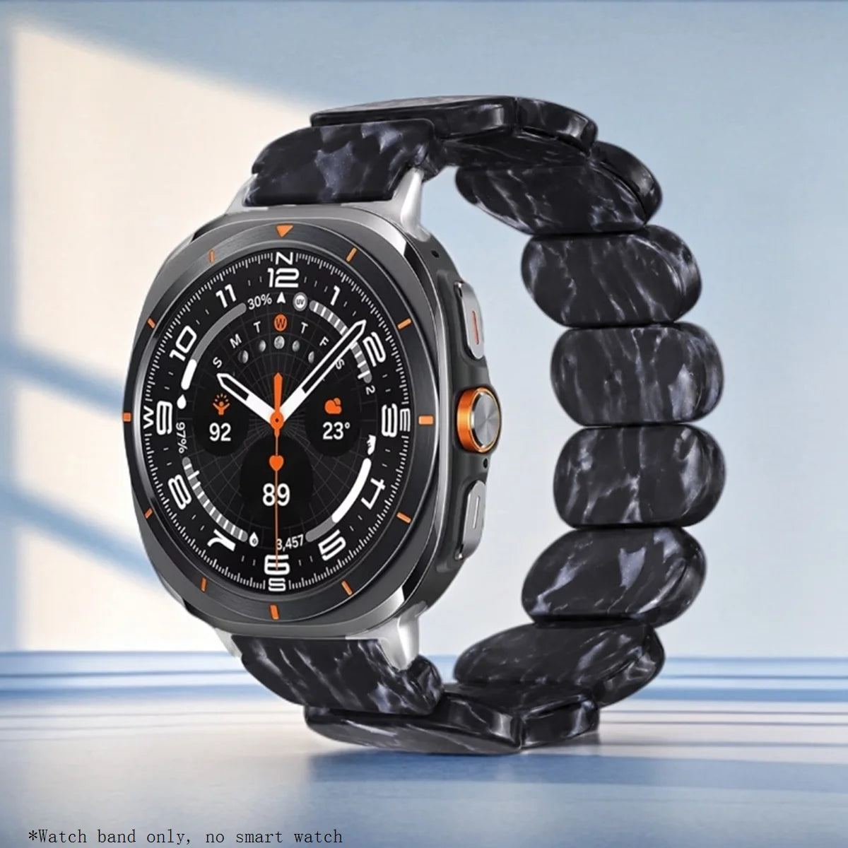 Samsung Galaxy Resin Link Watch Band – Metal Connector Watch8/Watch8 Classic/Watch9 in black flower design.