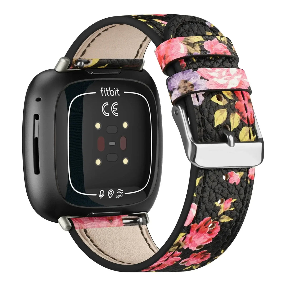 Fitbit Versa 3/4 & Sense 1/2 Leather Buckle Band - Black / Pink Floral