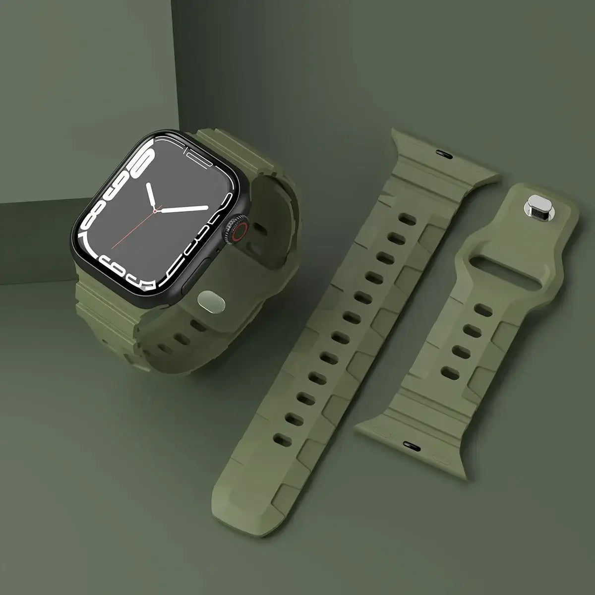 Olive Green ribbed silicone Apple Watch band with pin fastening.